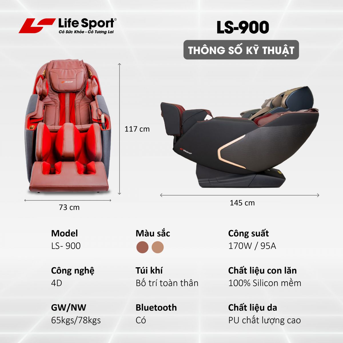 Kích thước sản phẩm ghế massage Life Sport LS-900
