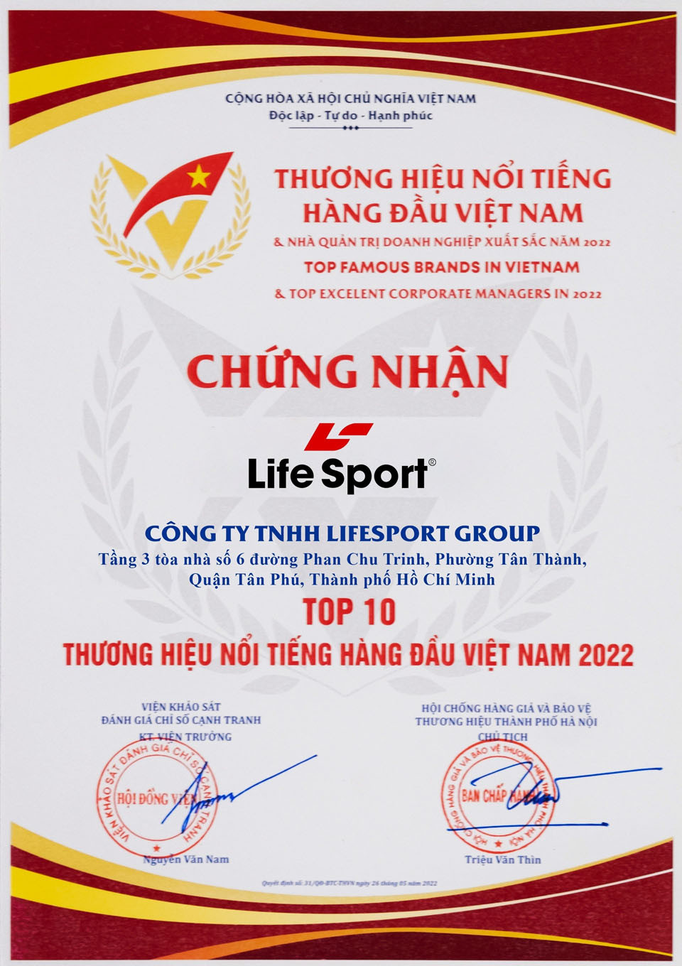 chung nhan lifesport top 10 thuong hieu noi tieng