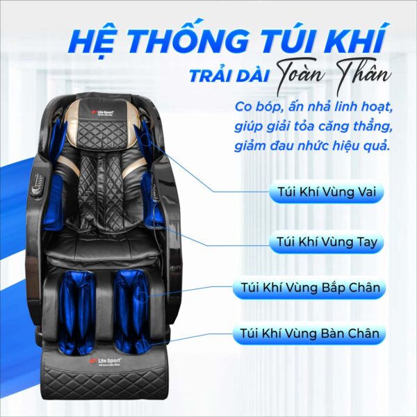 Ghế massage Lifesport LS-599 trang bị hệ thống túi khí trải dọc toàn thân